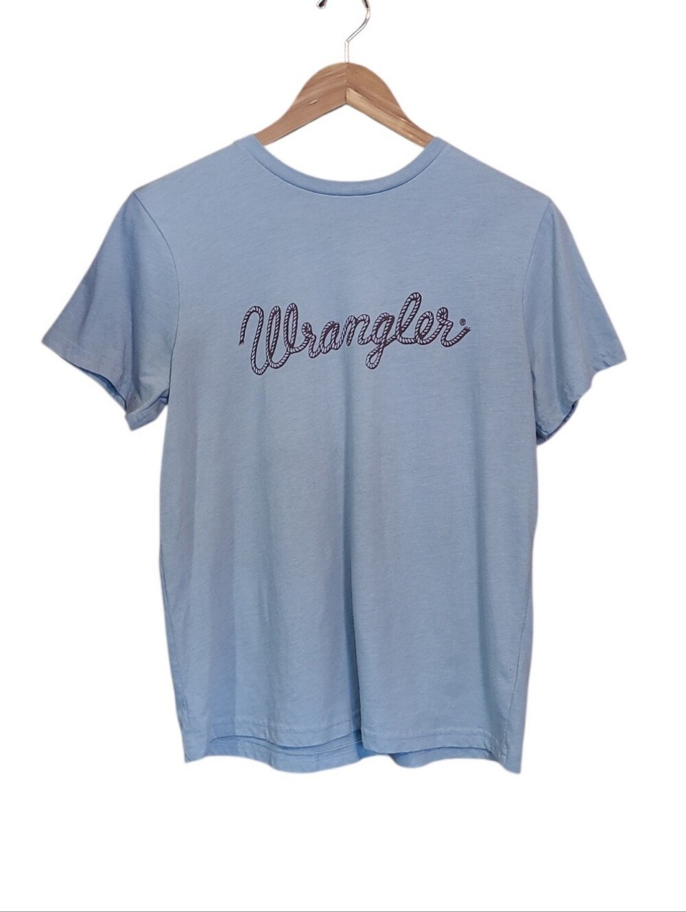 Women's Wrangler T Shirt Baby Blue Rope Lettering Medium